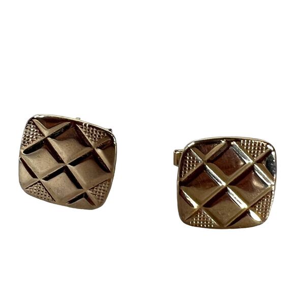 Gold Tone Quilted Cufflinks, Vintage Retro Mid Century Cuff Links - Picture 1 of 6